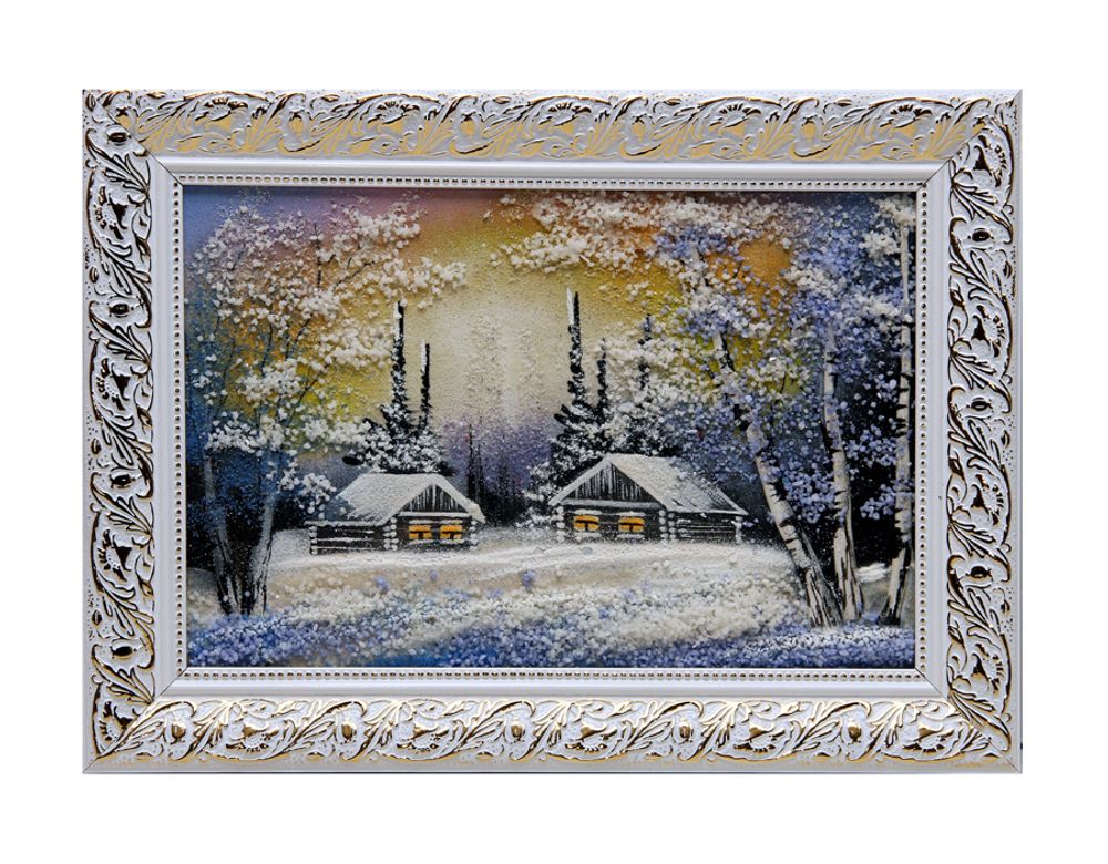 Картина &quot; Два домика зимой &quot; рисованная каменной крошкой 23.5-33.5см