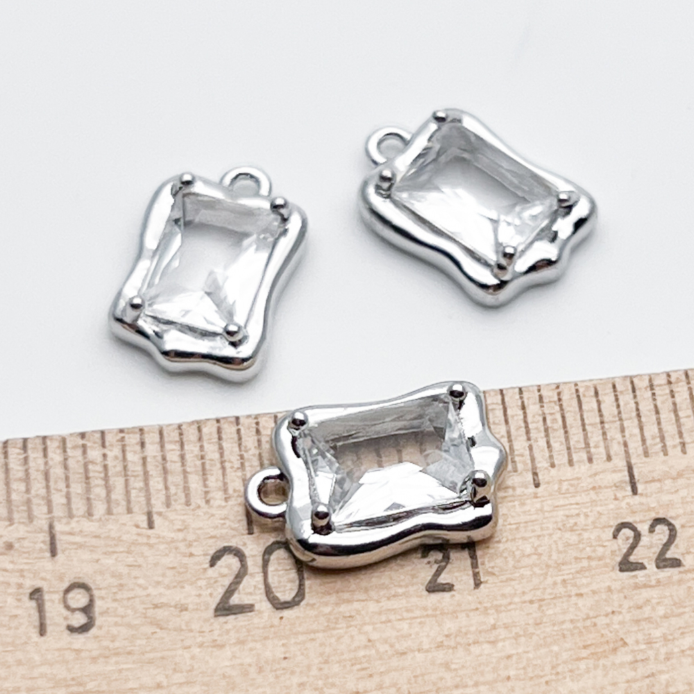 Подвеска Прямоугольник, цвет серебро (родий)+прозрачный, размер 13*9 мм, цена за 1 шт