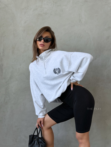 Меланжевый серый хлопковый свитшот с воротом на молнии