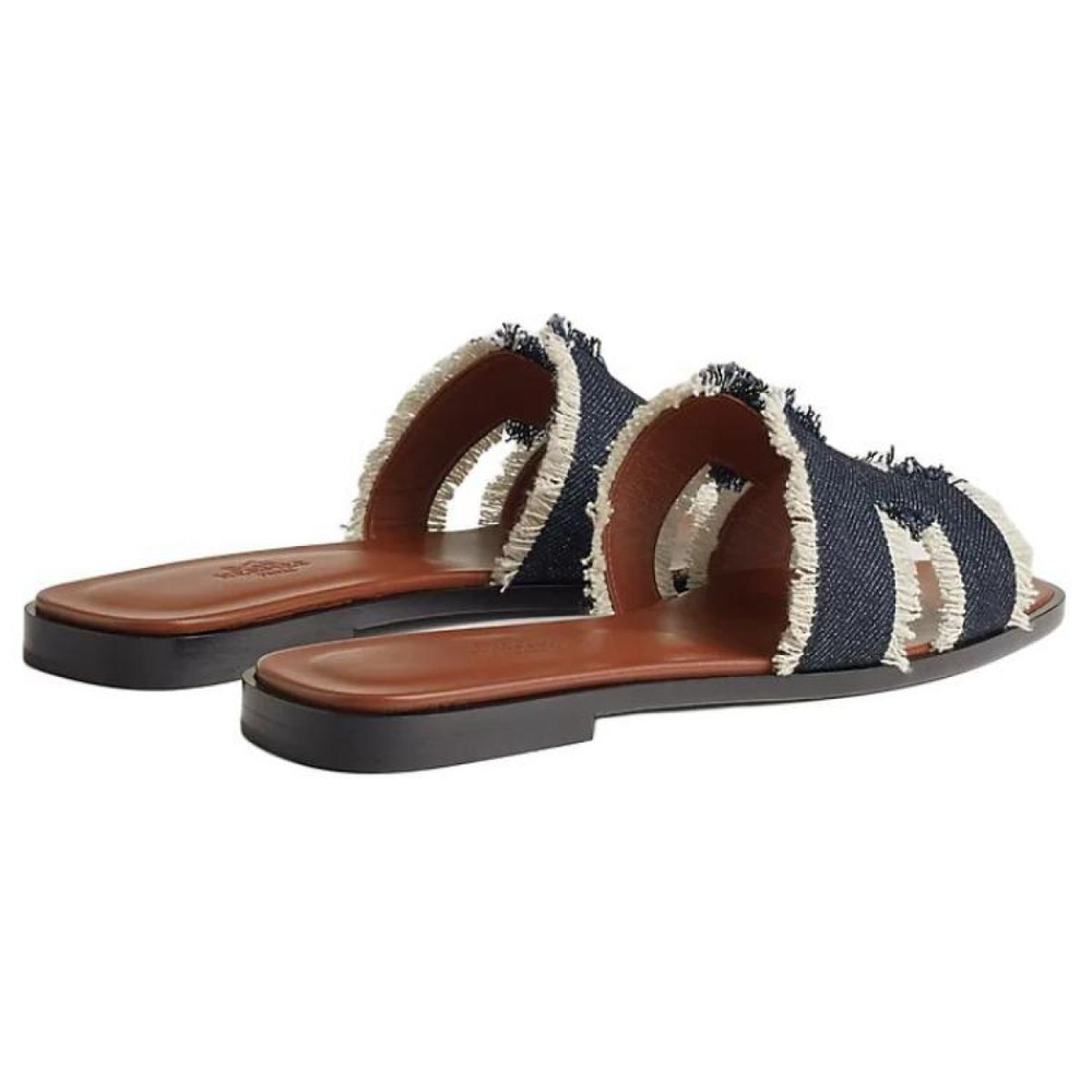 Hermes Oran fashion open-toed non-slip one-word slippers women's dark blue, H241060Z 49