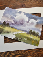 Картина акварельная авторская в паспарту 21х30 см на стену для интерьера "Летний пейзаж"