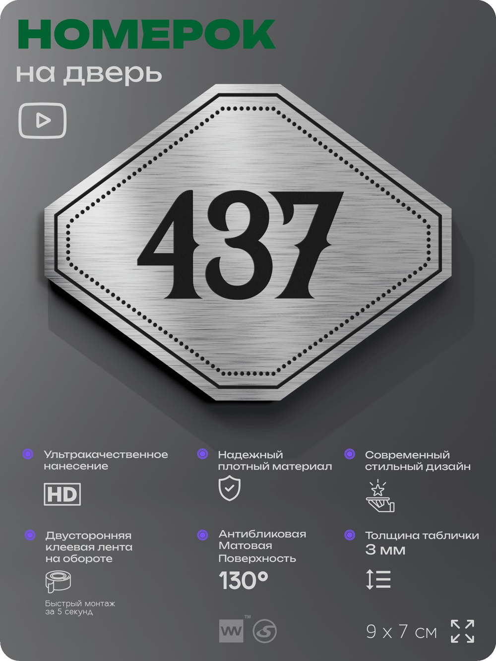 Номерок на дверь квартиры 437, для кабинета, офиса, шильдик 9 х 7 см, брашированная сталь, Айдентика Технолоджи