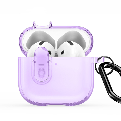 Прозрачный чехол фиолетового цвета от Dux Ducis для наушников AirPods 4, серия PECL Series Case, в комплекте с карабином