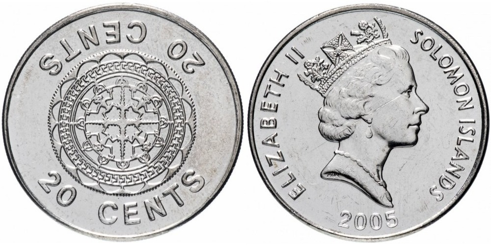 Соломоновы Острова 20 центов, 1987 - 2010 Королева Елизавета II XF