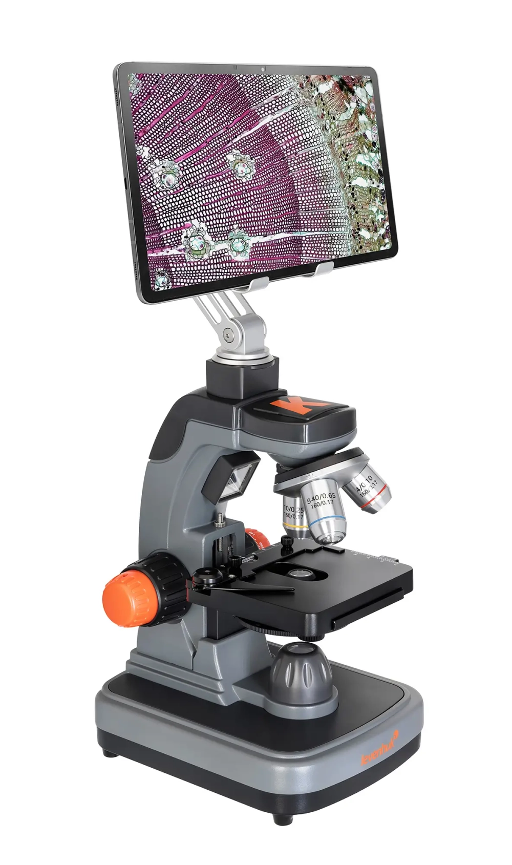Фотомикроскоп Levenhuk Kelvin Touch KM3 с установленным планшетом, вид слева
