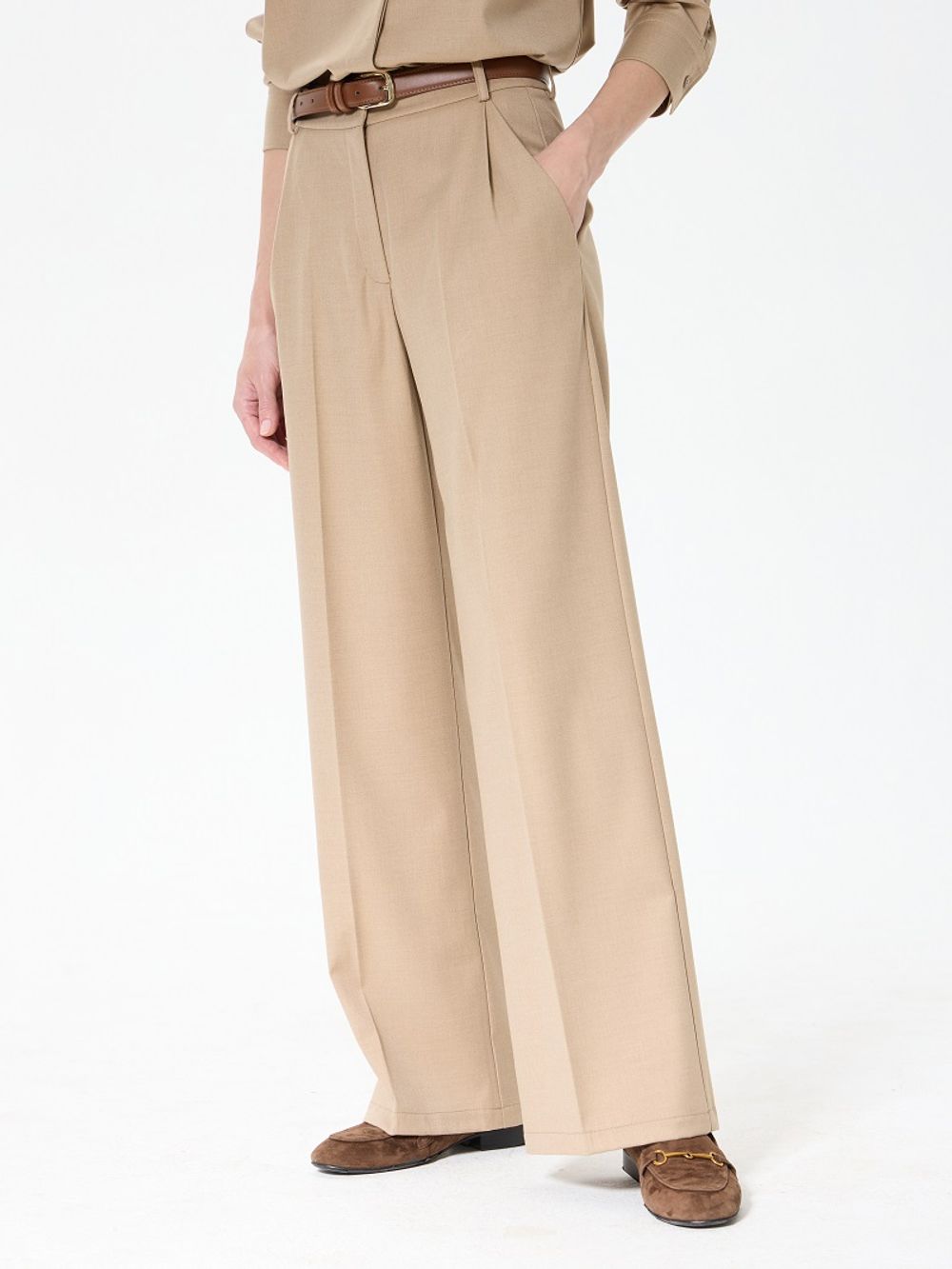 Брюки палаццо на молнии бежевая смесовая шерсть
