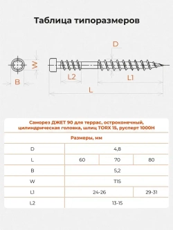Саморез по дереву Gwozdeck для Террасной доски Потайной 5,0*80 Окрашенный Остроконечный Torx15 Упаковка 300 шт., подходит для ДЖЕТ 90