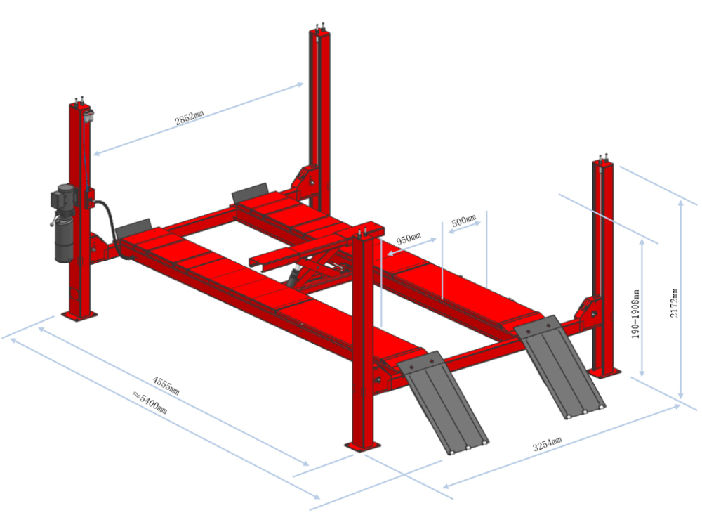 Подъемник электрогидравлический 4т 190-1900мм 4-х стоечный 380В (ручной спуск) GTE