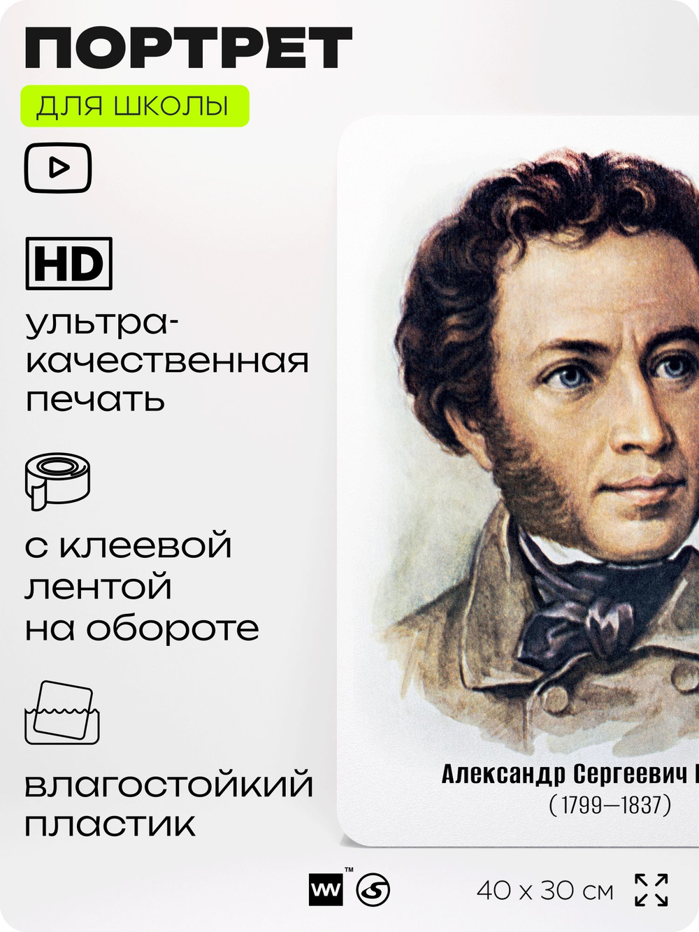 Портрет для школы в кабинет литературы и русского языка "Пушкин Александр Сергеевич", стенд школьный для класса, для оформления классного уголка, 40х30 см, Silver Plane x Айдентика Технолоджи