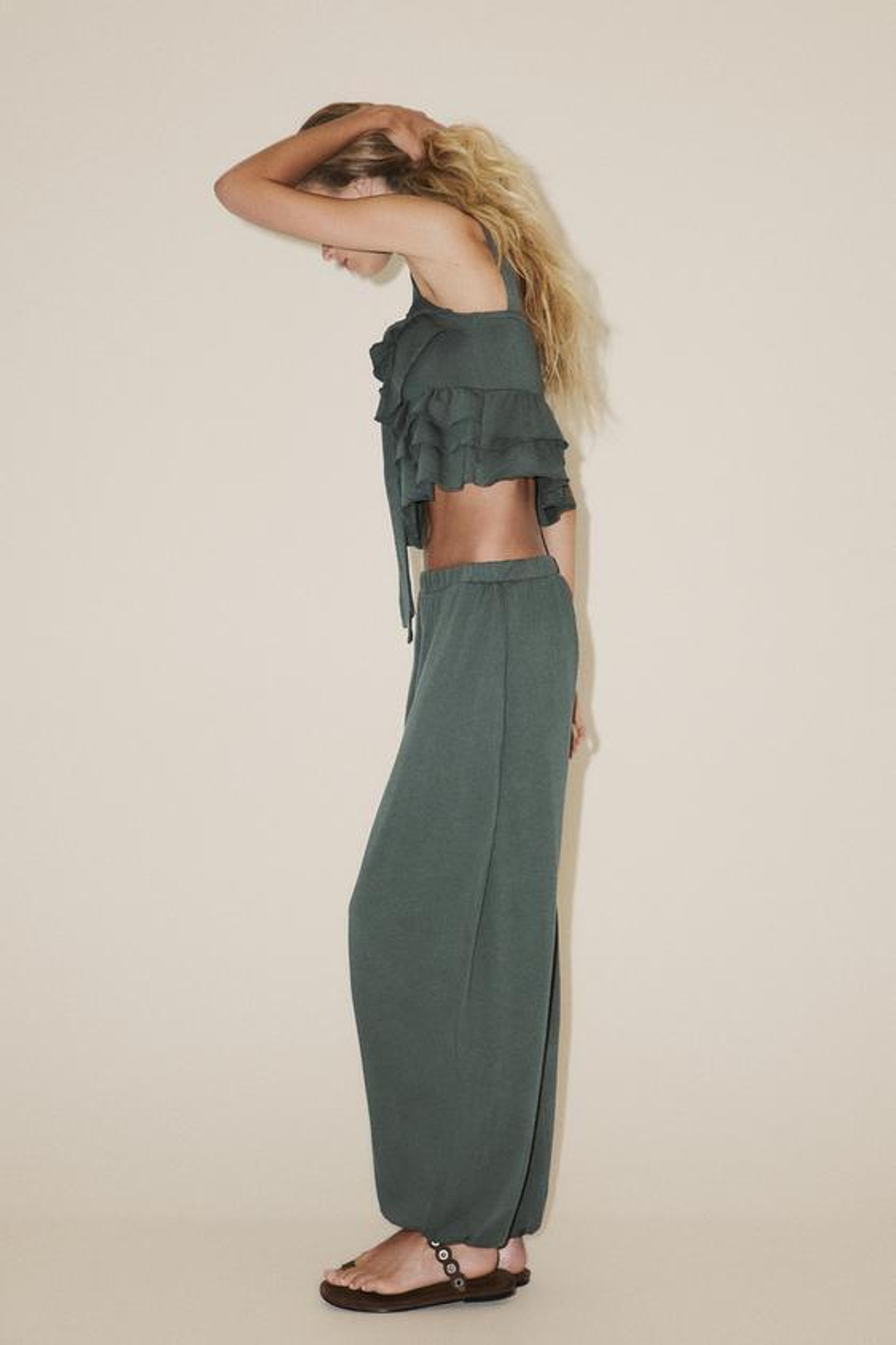 ZARA БРЮКИ-БАГГИ ИЗ ФЛИСА, ЗЕЛЕНЫЙ