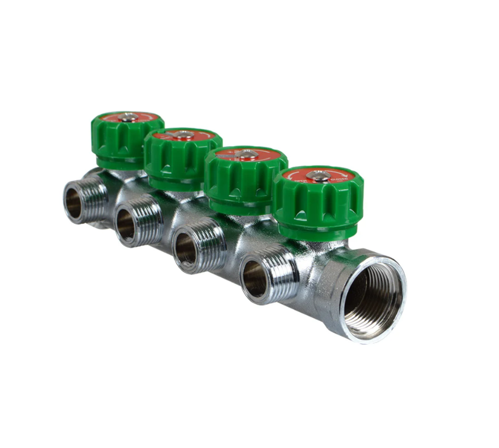 Латунный коллектор Terma 3/4"в/н с 4-мя вент.кранами на 1/2" (нар.резьбы) с выходами под 90 град (14021) 18606