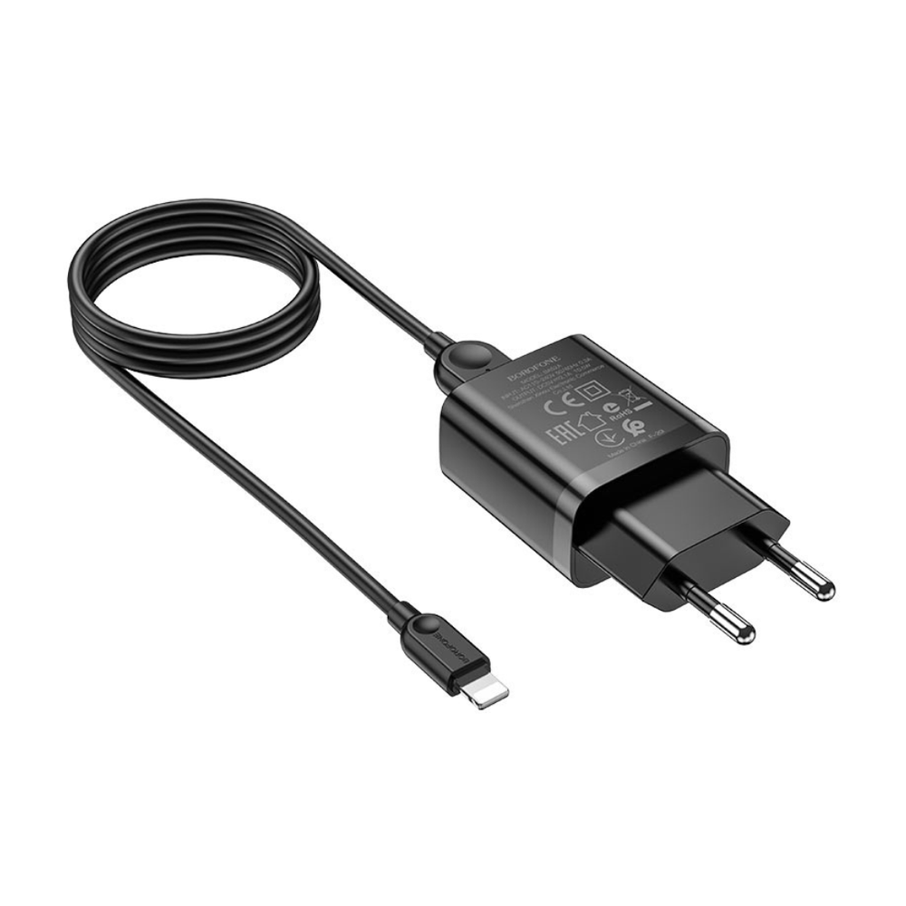 Сетевое зарядное устройство Borofone BA52A 1xUSB, 2.1А + USB кабель Borofone BX14 Lightning, 1м, черный