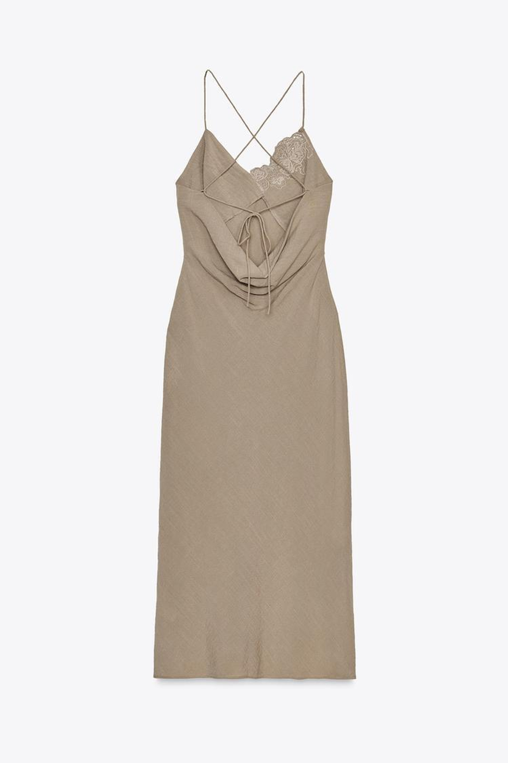 ZARA ПЛАТЬЕ-КОМБИНАЦИЯ С ВЫШИВКОЙ, СЕРО-КОРИЧНЕВЫЙ