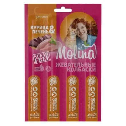 Лакомство для кошек Molina жевательные колбаски для кошек Курица и печень, 20 г