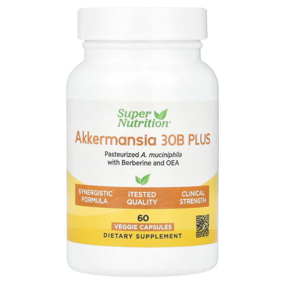Super Nutrition, Akkermansia 30B PLUS, аккермансия с фосфолипидной матрицей с берберином и олеилэтаноламином, 60 растительных капсул