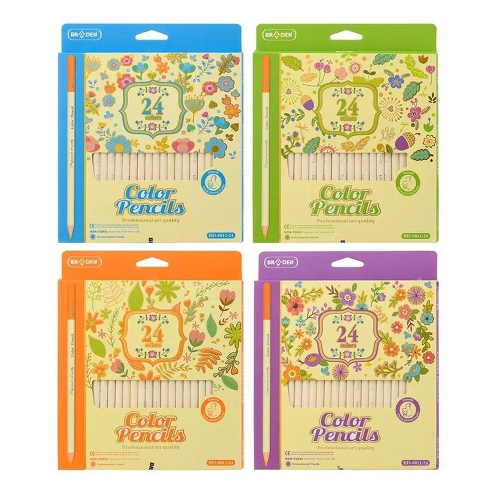 Карандаши цветные, Basir, деревянные, белый корпус, цветная упаковка, 24 шт