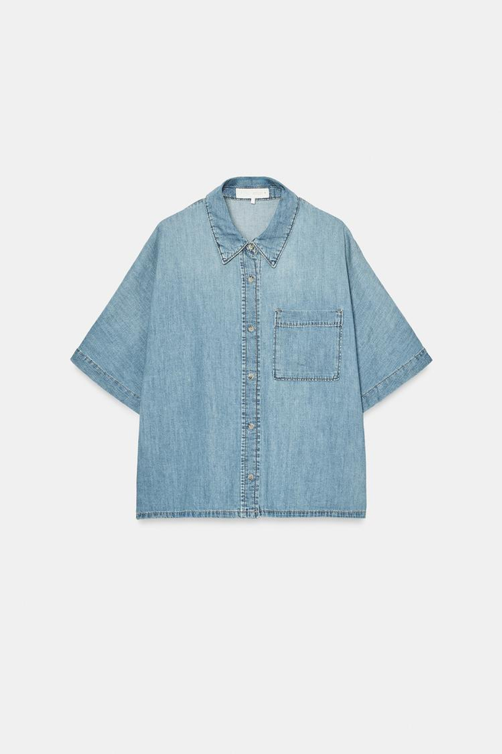 ZARA ДЖИНСОВАЯ РУБАШКА TRF С КОРОТКИМ РУКАВОМ, СИНИЙ