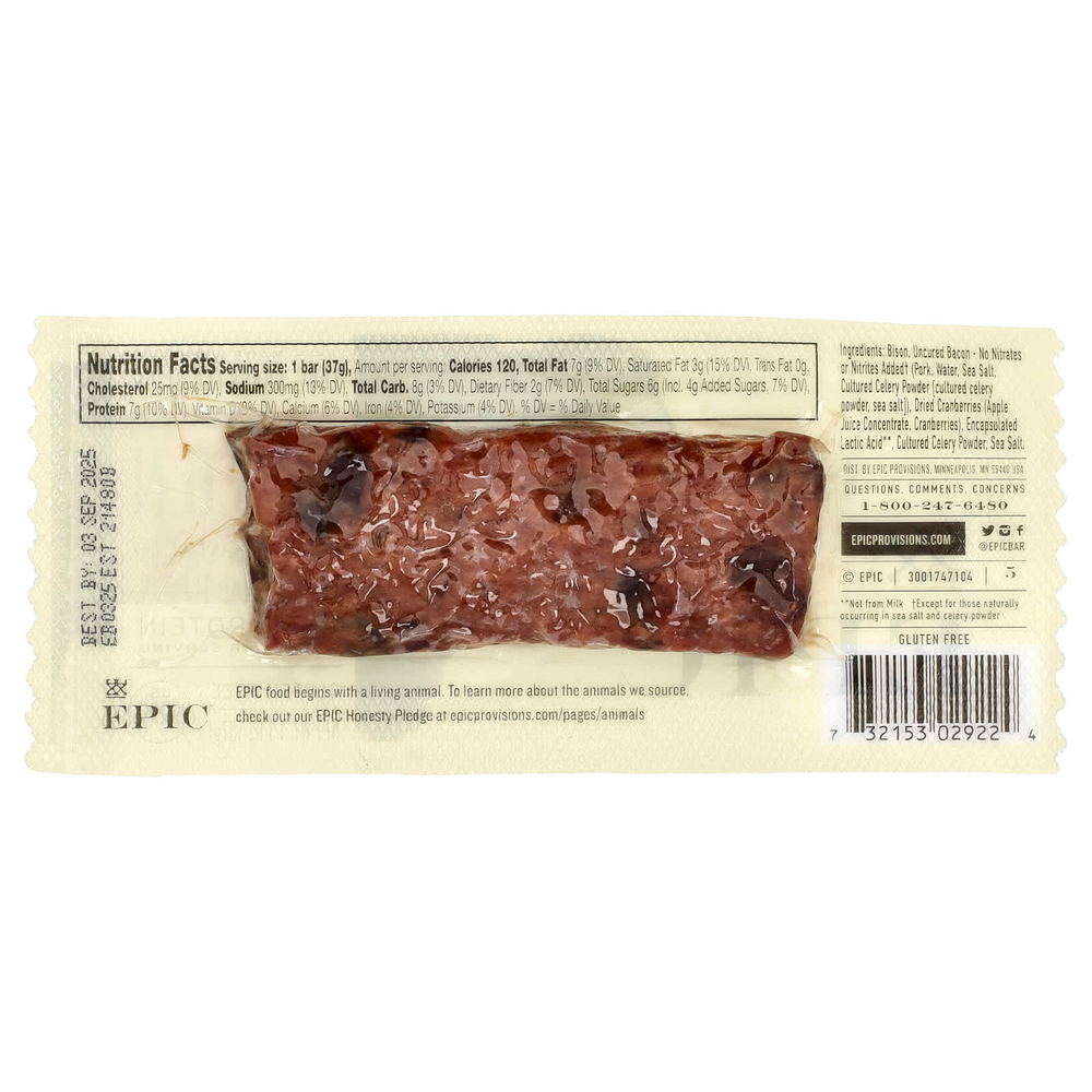 Epic Bar, Bison Bar, неотвержденный бекон и клюква, 37 г (1,3 унции)