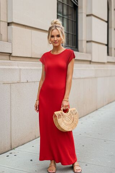 Красный однотонный макси-камзол с разрезами трапециевидной формы, вязаное платье с лунным рукавом TWOSS25EL00470