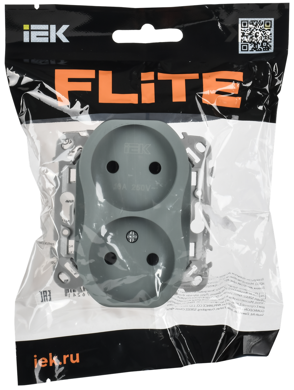 FLITE Розетка 2-местная без заземления без защитных шторок безвинтовое крепление 10А РС02-1-ФлС серый IEK