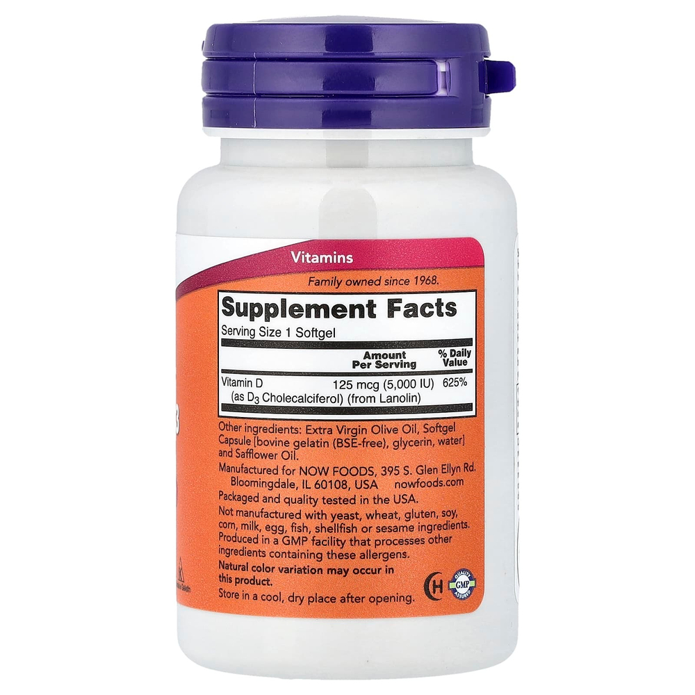 NOW Foods, витамин D3, высокоактивный, 125 мкг (5000 МЕ), 120 мягких таблеток