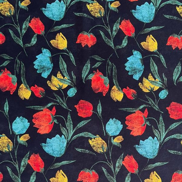 ЦВЕТОЧНОЕ ТРИО НА ТЕМНО-СИНЕМ - 100% хлопок 1