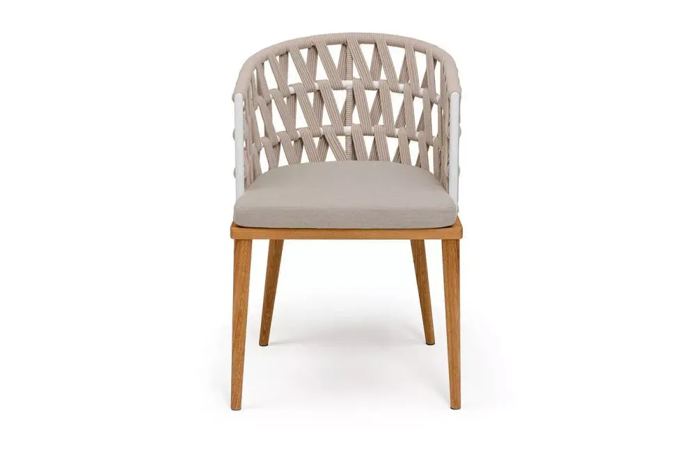 "Диего" стул плетеный из роупа, основание дуб каркас из стали белый муар, роуп бежевый круглый, ткань бежевая 052