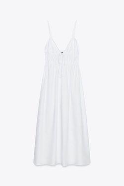 ZARA ПЛАТЬЕ МИДИ ИЗ ПОПЛИНА НА БРЕТЕЛЯХ, БЕЛЫЙ