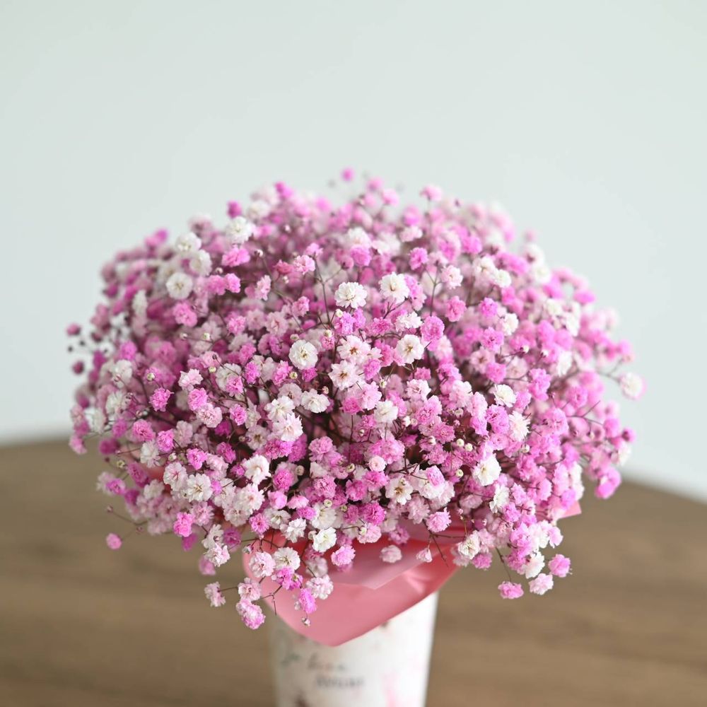 Композиция «Букет белых диантусов» — розовая гипсофила в стаканчике