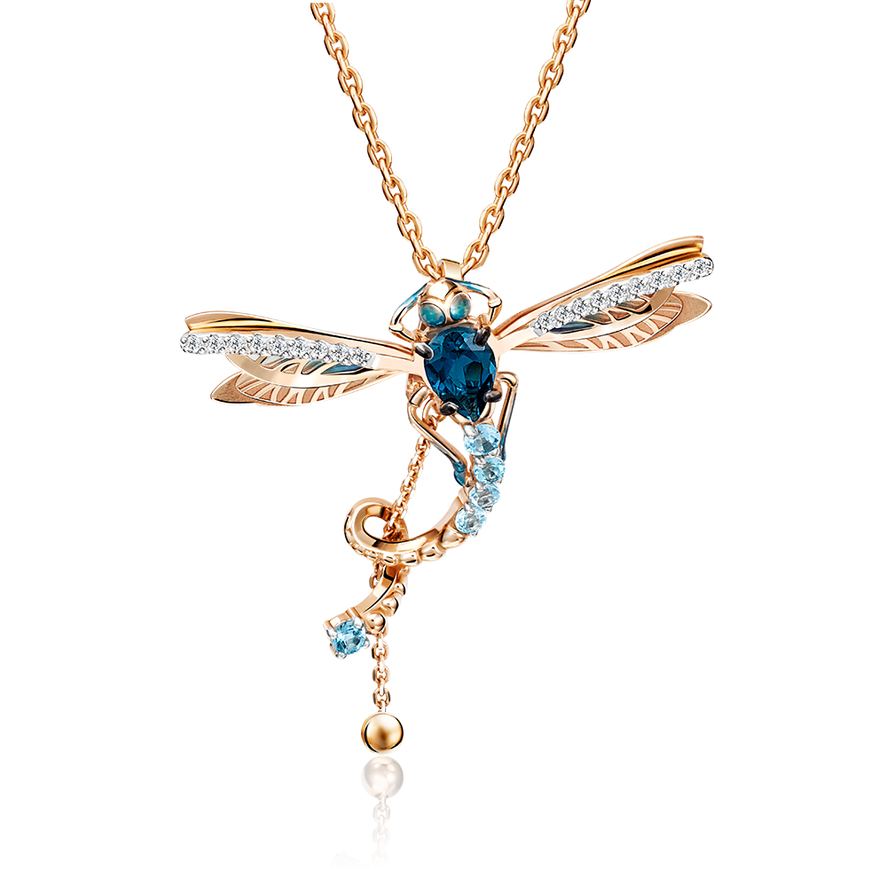 Подвеска «Стрекоза» из красного золота c топазами, натуральными топазами white и эмалью Артикул: 03-3071-00-201-1110-57