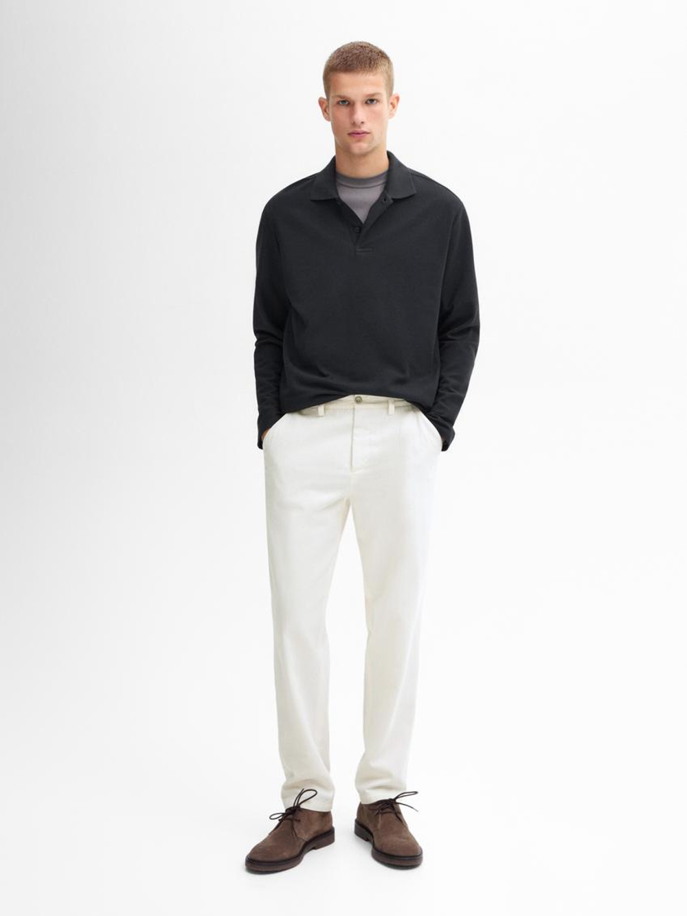 Massimo Dutti Поло комфортного кроя с длинными рукавами, черный