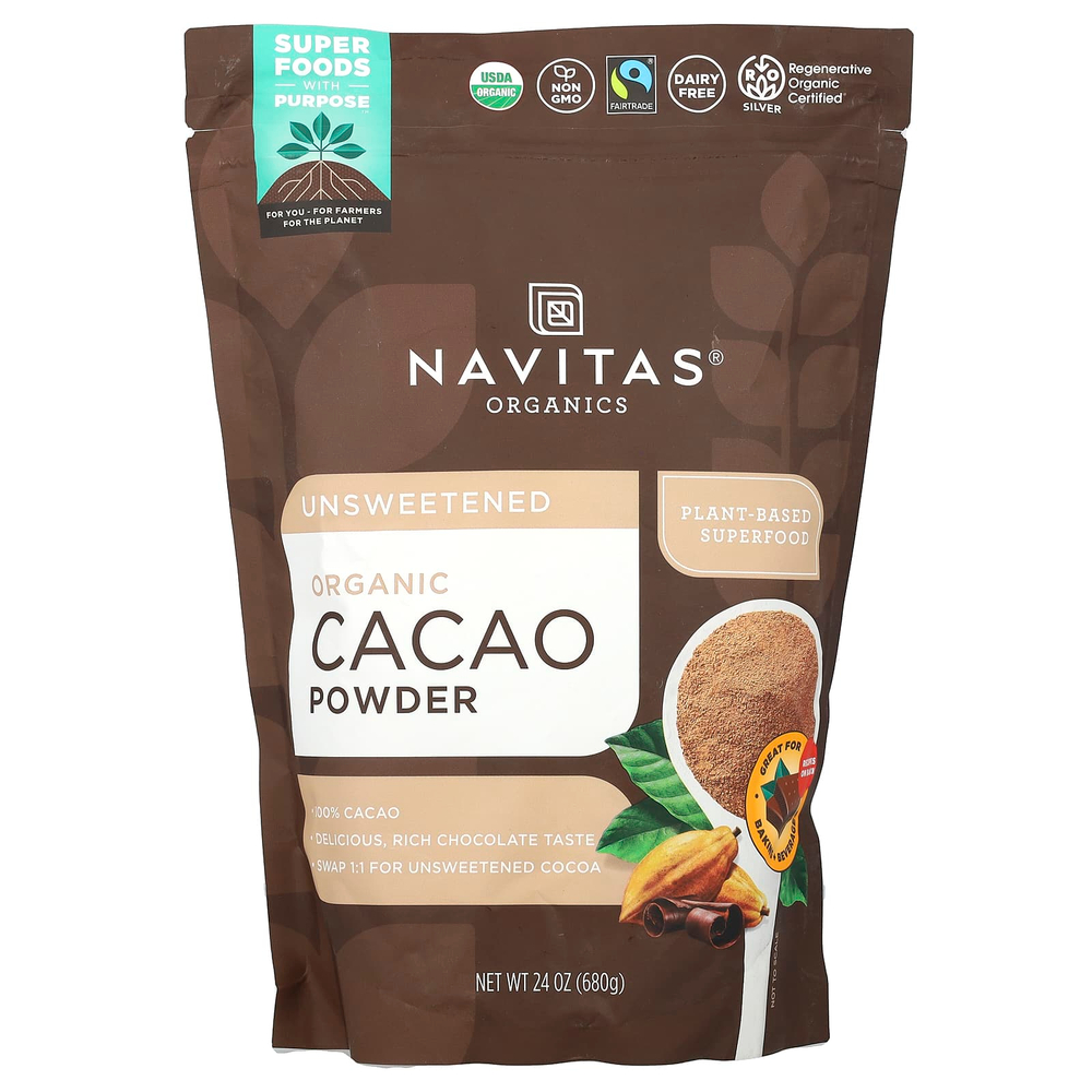 Navitas Organics, органический какао-порошок, без подсластителей, 680 г (24 унции)