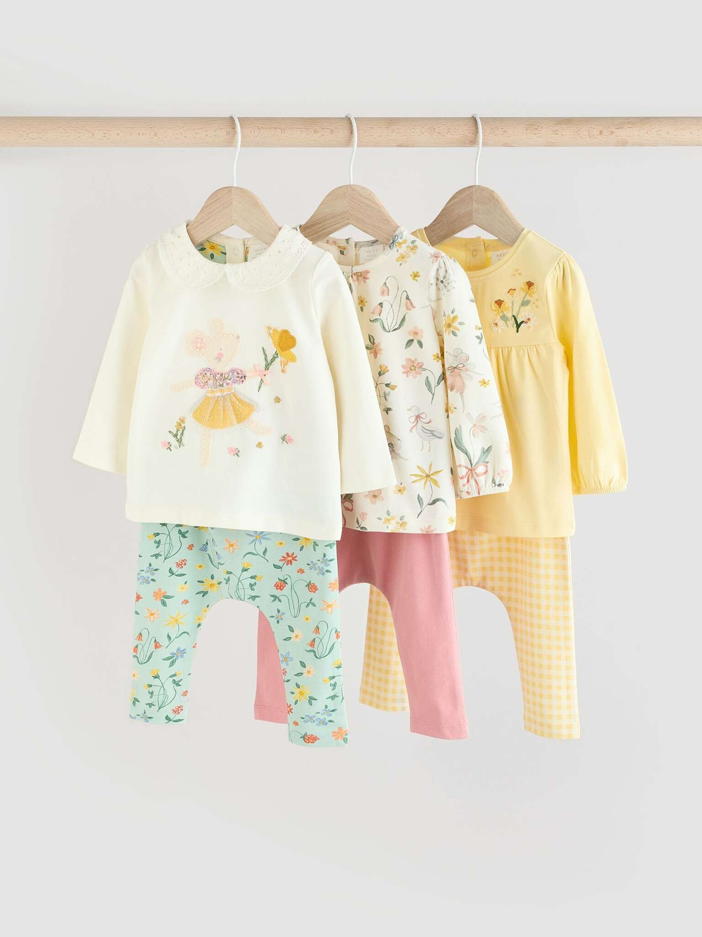 Лонгслив и легинсы в комплекте для малышей Next E67-029, 3 шт., Молочный, Розовый, Светло-желтый