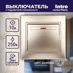 Выключатель Intro Plano 1-102-04 одноклавишный с подсветкой, 10А-250В, IP20, СУ, шампань