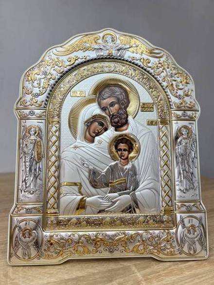 Св. Семейство, икона арочная с рамкой, белое дерево 266х335