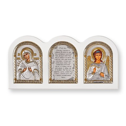 Триптих, Семистрельная БМ, Ангел, Молитва, икона, белое дерево 320х160