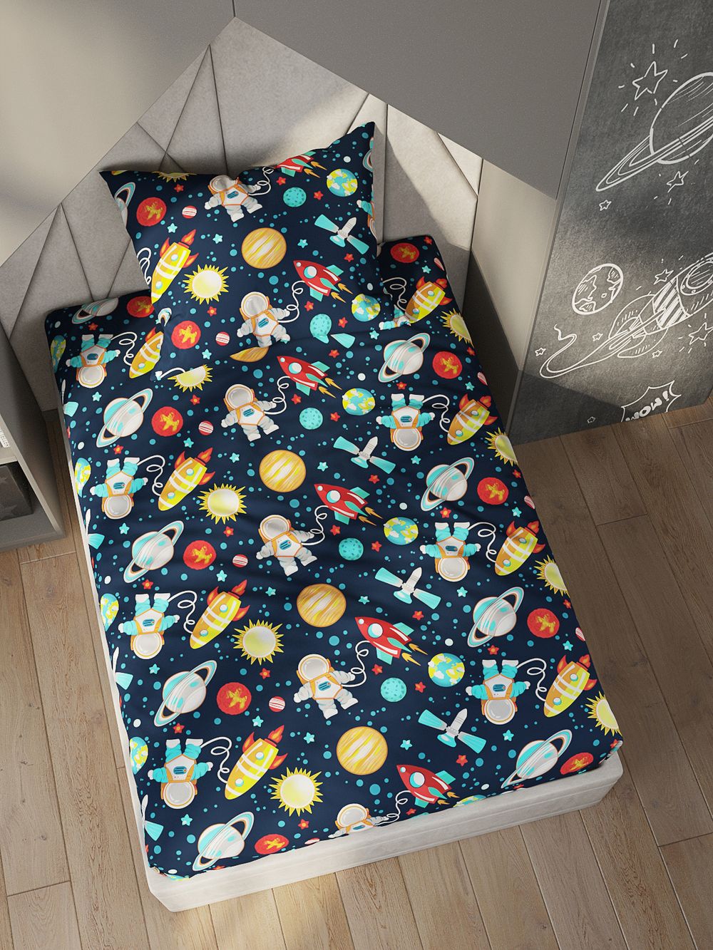 Постельное белье перкаль Сказка "Космонавт" 1,5-сп Наволочка 50х70 см 1 шт Простынь на резинке 90x200 см Пододеяльник 145x205 см