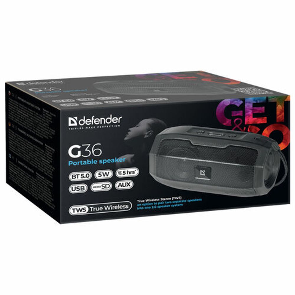 Колонка портативная DEFENDER G36, 5 Вт, Bluetooth, FM-тюнер, USB, черная, 65036