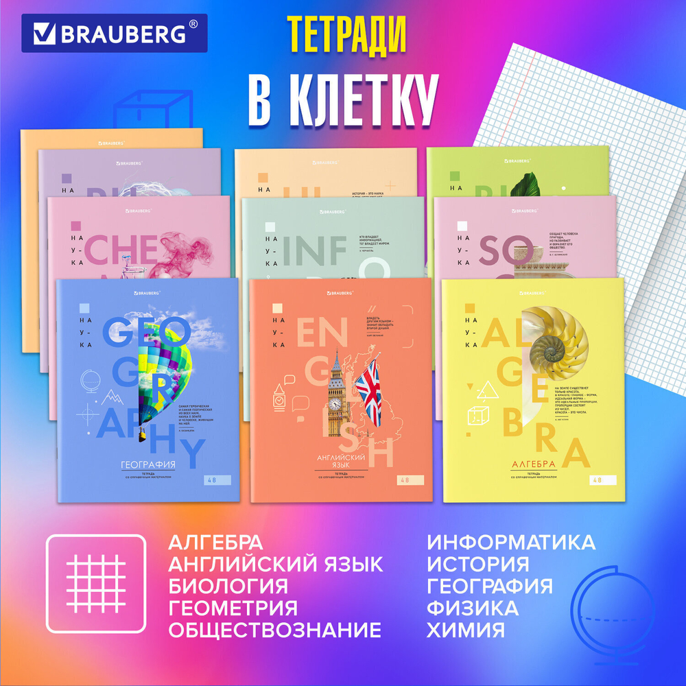 Тетради предметные со справочным материалом комплект 12 ПРЕДМЕТОВ 48 л. обложка картон BRAUBERG "VISION" (2 штуки в упаковке)