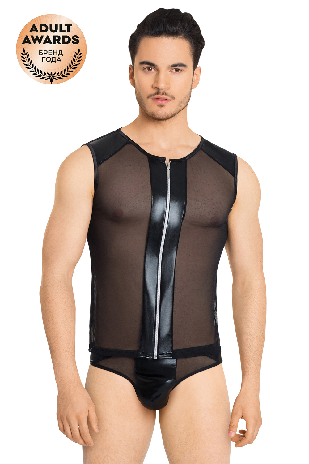 Костюм-сетка на замочке мужской майка и трусы черный XL