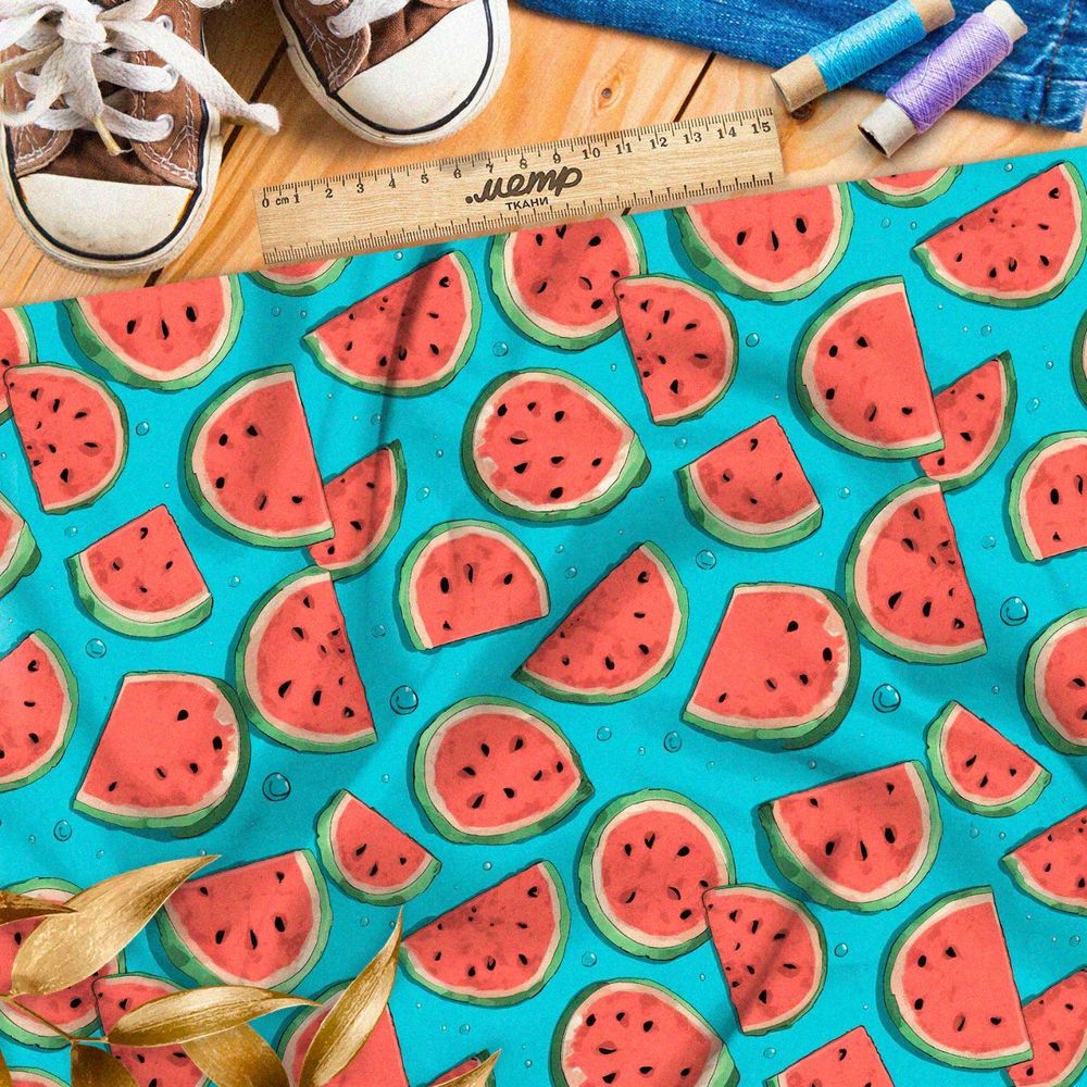 Ткань премиум шифон дольки арбуза на голубом