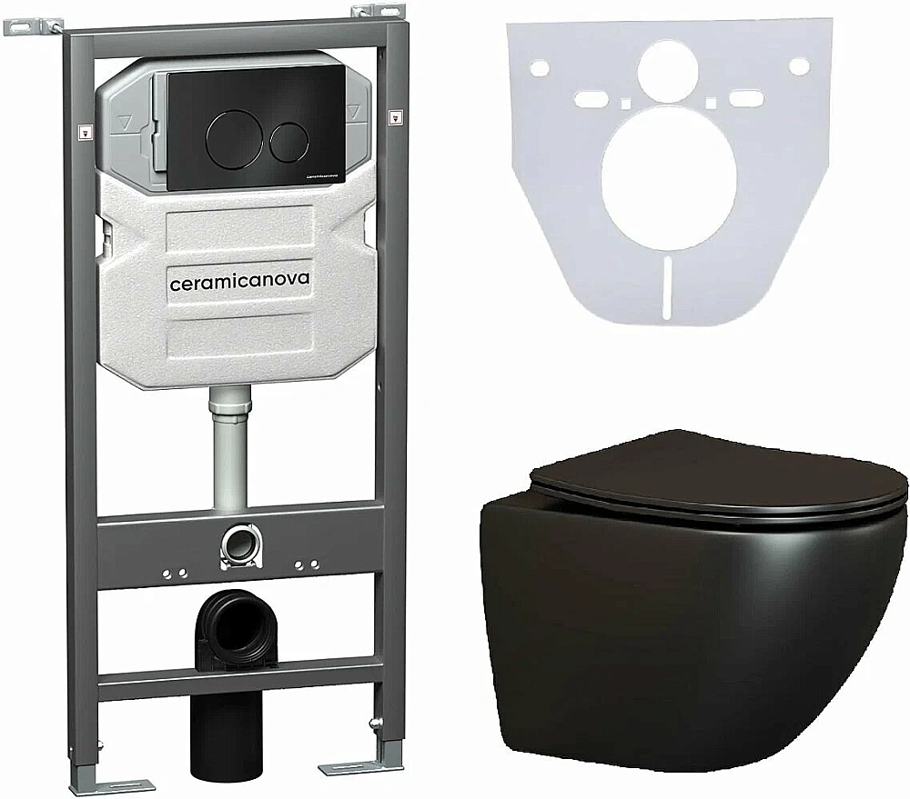 Унитаз подвесной Ceramica Nova Metropol CN4002MB_1001B_1000 черный матовый, безободковый, с крышкой микролифт, с инсталляцией и черной матовой кнопкой