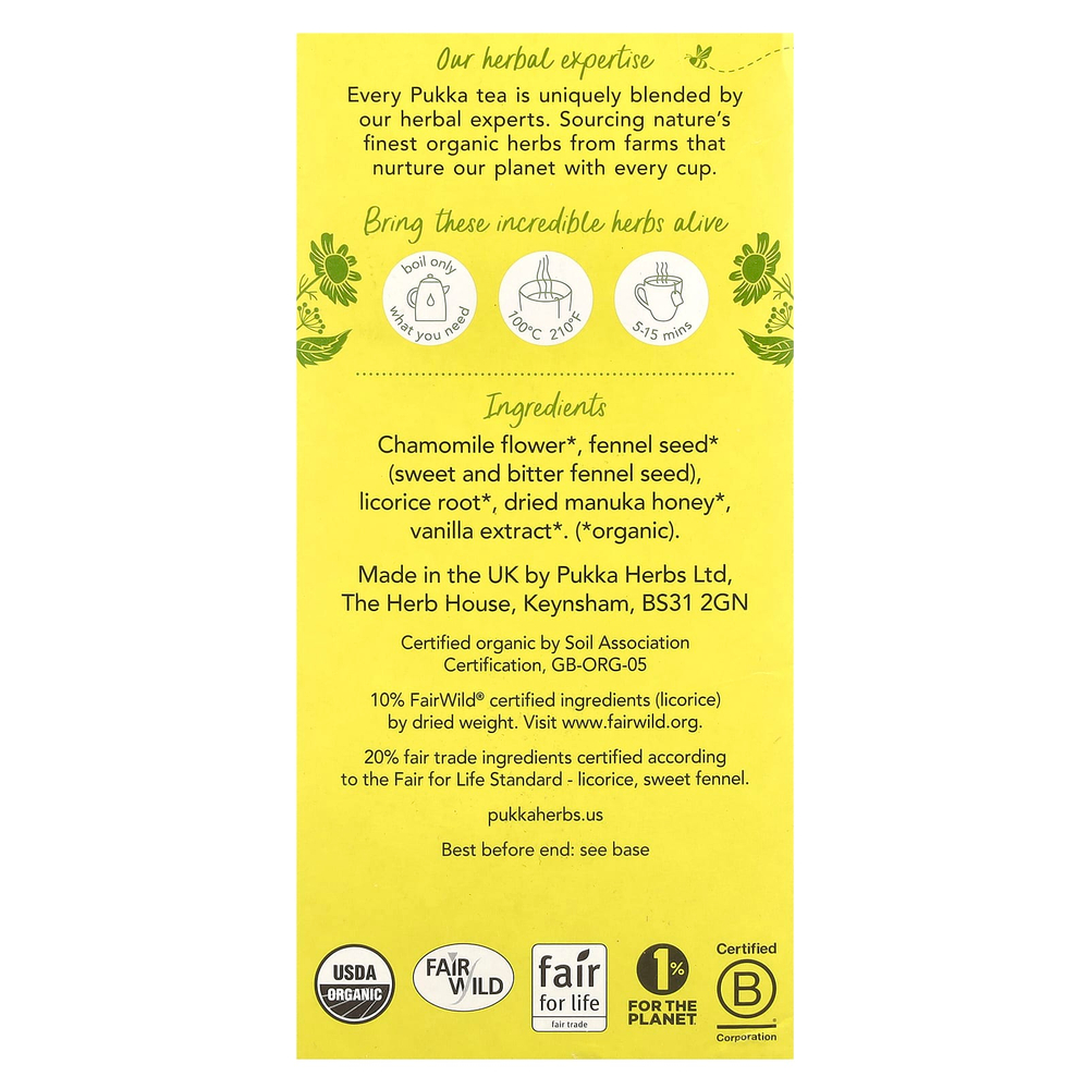 Pukka Herbs, Органический травяной чай, ромашка, ваниль и мед манука, без кофеина, 20 пакетиков, 32 г (1,12 унции)