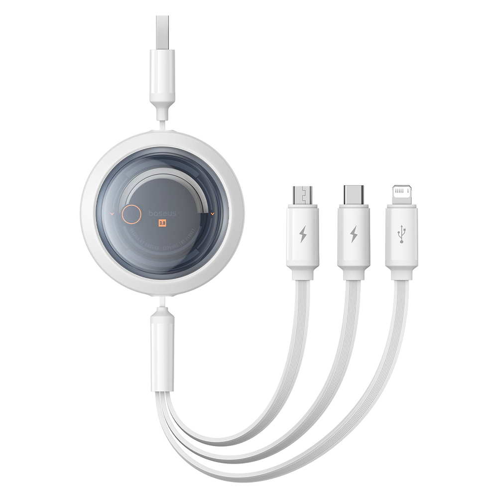 Кабель USB-A - C+L+M Baseus Free2Draw Retractable Crystal Charging+Data 3.5A 1.1m - Moon White