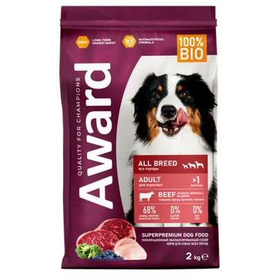 Award Dog All Breeds Adult с говядиной и курицей с добавлением брокколи и черники 2кг.