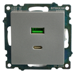 Розетка 2-местная USB + type C (механизм)), STEKKER GLS10-7116-03 , 250B, 3А, max 20W, серия Катрин, серебро 50054