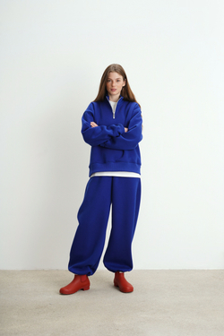 Брюки-бананы из футера с начесом, синие