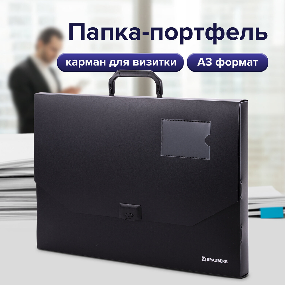 Папка-портфель пластиковая формат большой BRAUBERG "ПОРТФОЛИО" А3 (445х310х30 мм) черная Россия (2 штуки в упаковке)