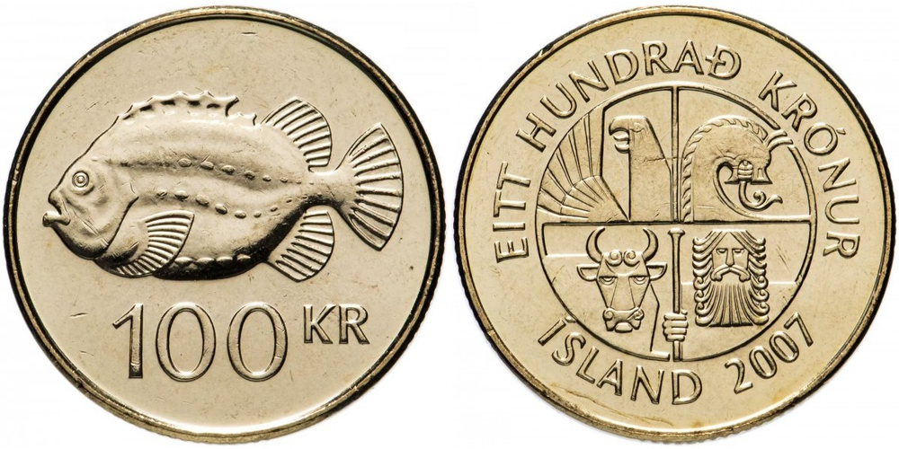 Исландия 100 крон, 1995 - 2011 Пинагор (рыба-воробей) XF