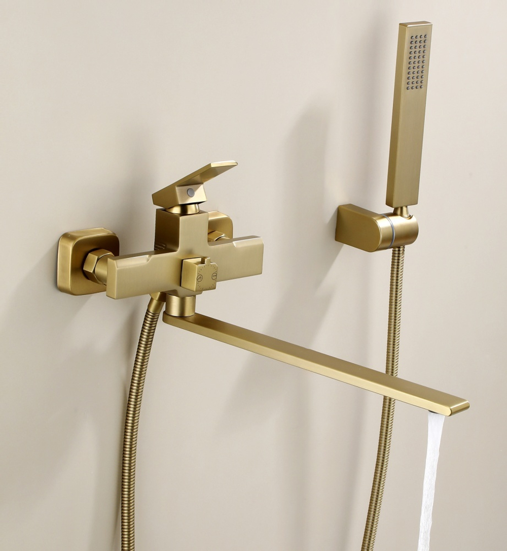 Смеситель для ванны однорычажный латунный HL22095-D с длинным изливом и душем, матовое золото
